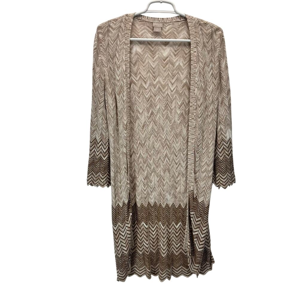 Chico's Open Front Long Line Cardigan Open Knit Sweater Chevron Brown 0 Med